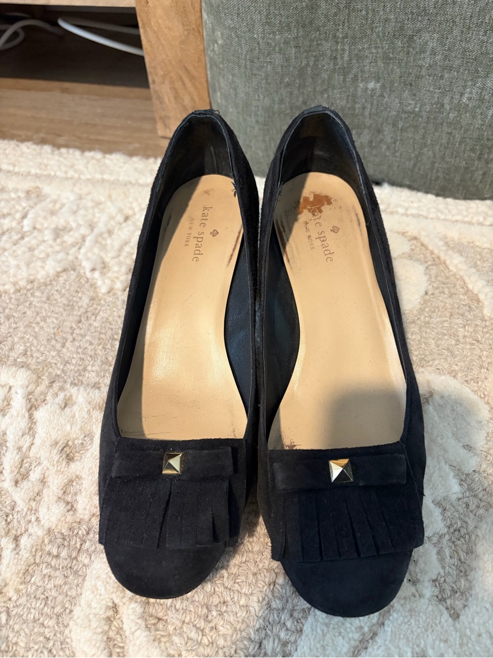 kate spade Black Suede Fringe Block Heel Pumps with Gold Stud